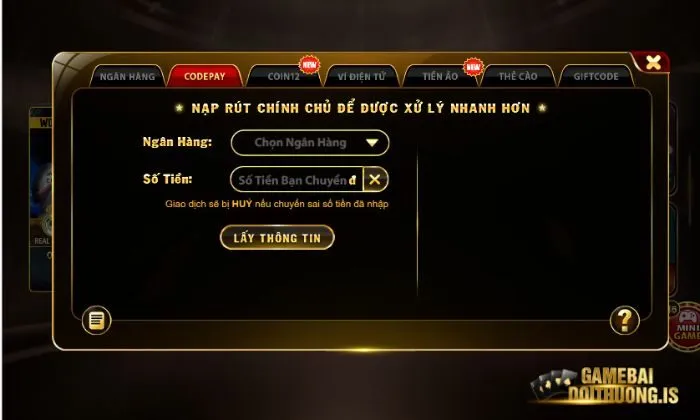 Thao tác nạp tiền tại Hitclub