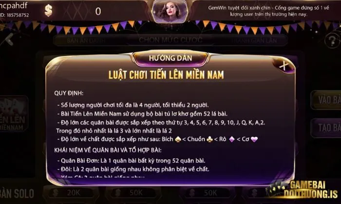Luật chơi cần nắm được khi tham gia Tiến Lên Miền Nam Gemwin